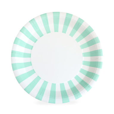Paper Eskimo white dinner plate with mint and white stripe border