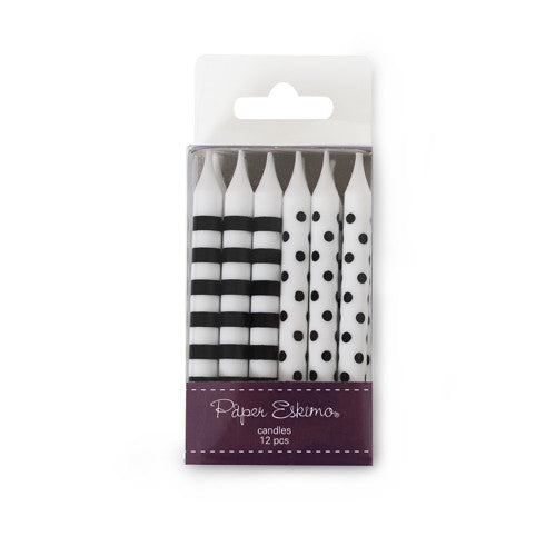 12 pack candle.  All candles have white base 6 have black stripes and 6 have black polka dots