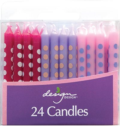 24 pc candle pack with magenta, purple, and light pink candles with polka dots on each candle