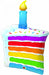 Rainbow cake slice with blue, green, yellow, orange, red, and purple stripes of cake, candle on top