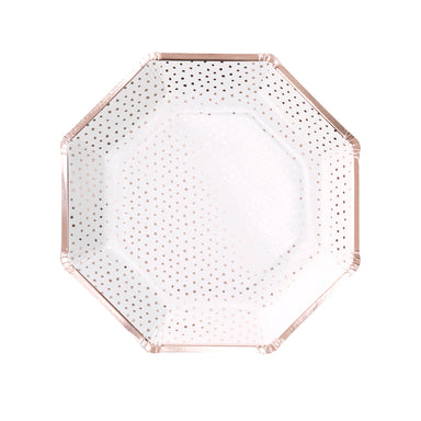 white with rose gold dots party plates, hexagon plates