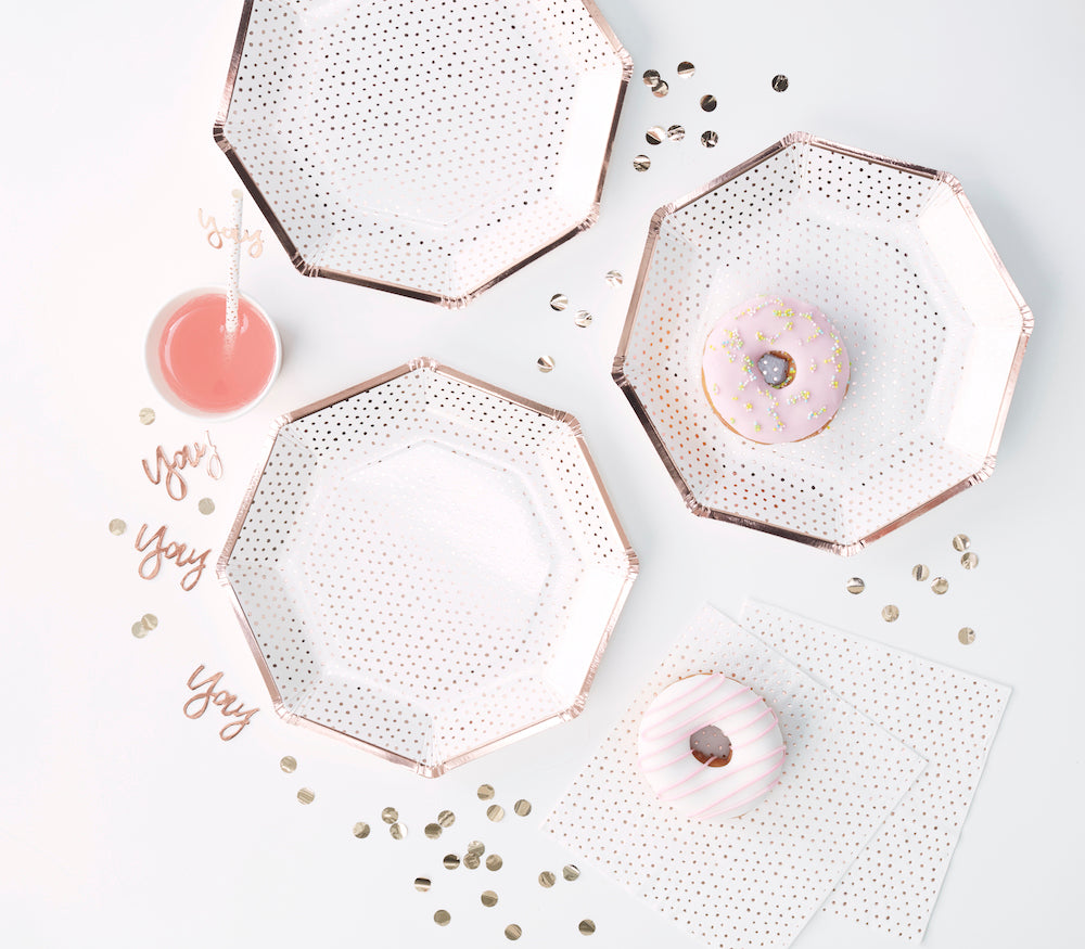 use environment white with rose gold dots party plates, hexagon plates