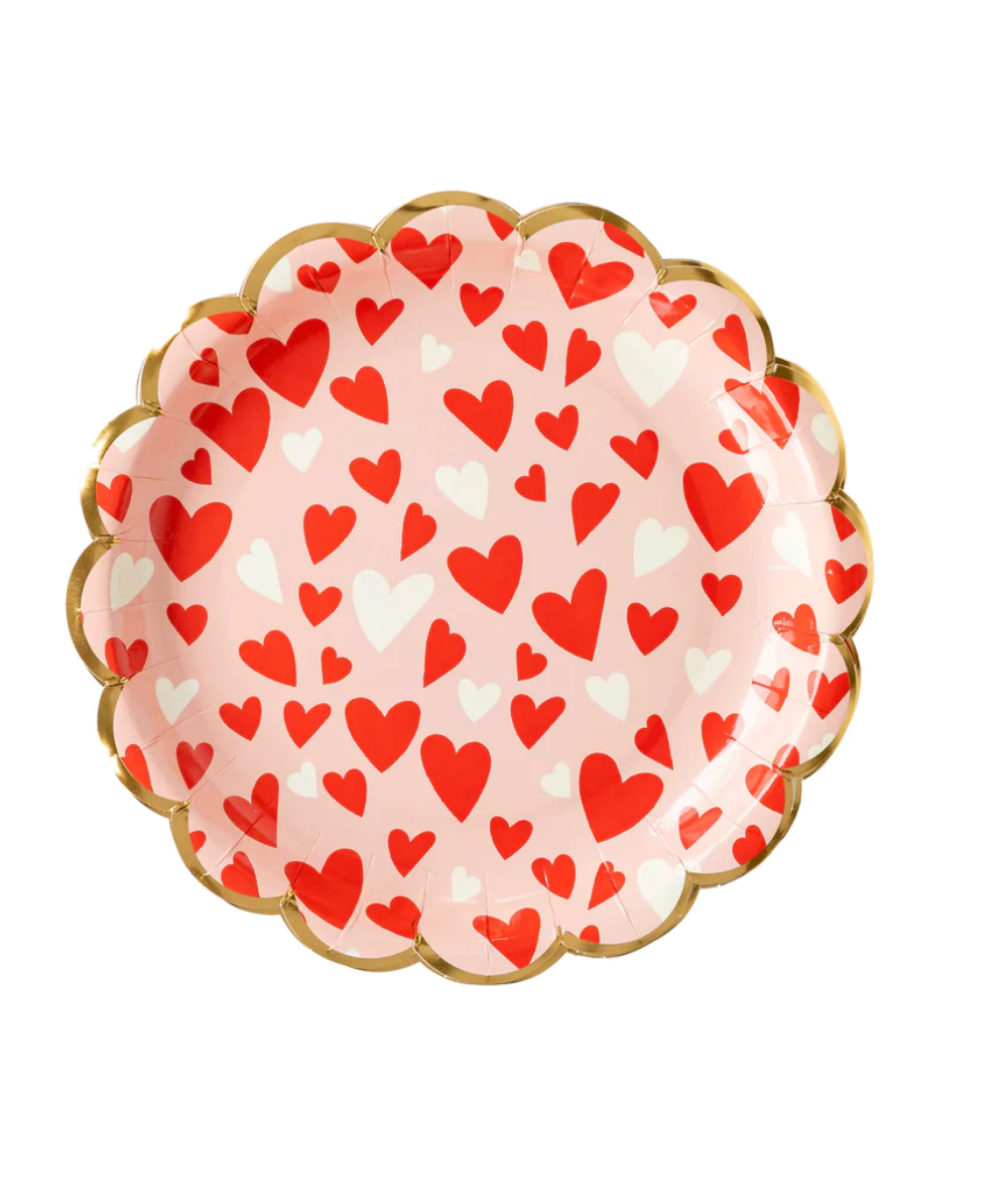 9 VALENTINE'S RED AND WHITE SCATTERED HEARTS SCALLOPED ROUND PLATE —  Sprinkles & Confetti
