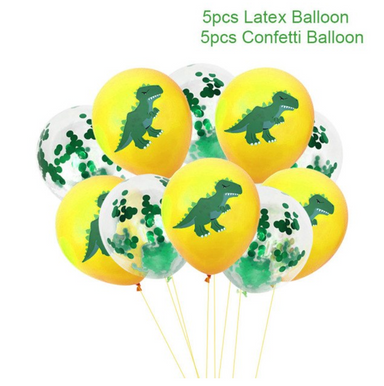 yellow and green dinosaur and confetti party balloons 