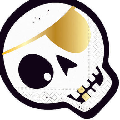 Black and White Silly skull halloween napkin with gold eye patch 