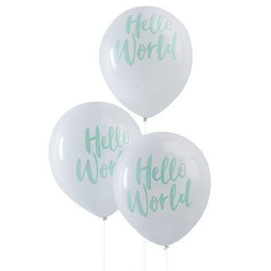 White background with blue words, HELLO WORLD BALLOONS