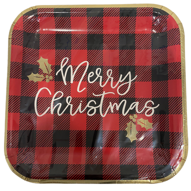 buffalo plaid plate trimmed in metallic gold with merry Christmas font