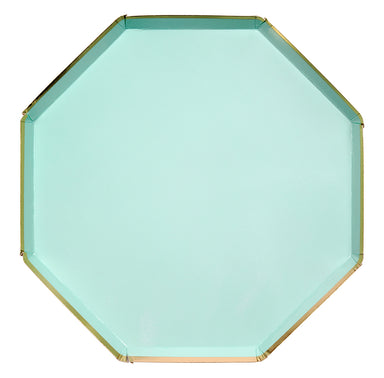 mint green and gold dinner plate, hexagon 