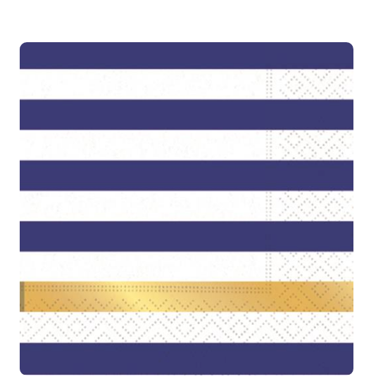 navy and white stripe napkin with bold metallic gold stripe 