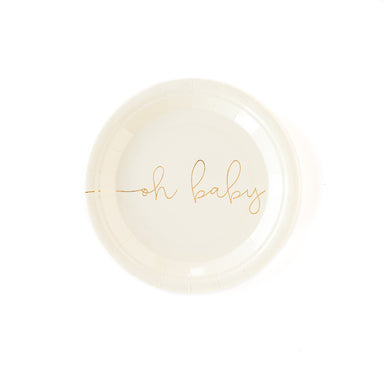 gold oh baby dessert plates feature script oh baby font in metallic gold and match well with any other baby shower party decor 