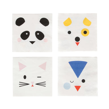 party napkin white background with multi color cat, dog, penquin and panda