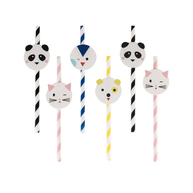 party animal straws in colorful stripes - panda, penguin, cat and dog variety pack