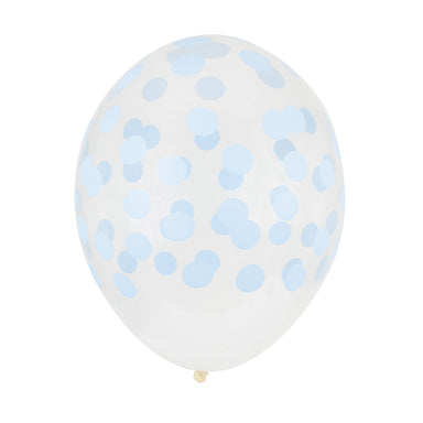 light blue printed confetti on clear balloon