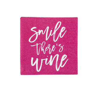pink beverage napkin with smile there's wine phrase in white script - great for bachelorette party supplies