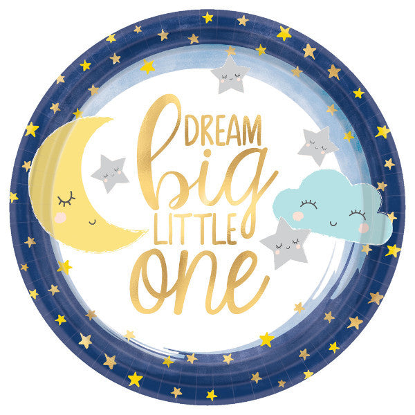 dream big little one plate features gold font on white plate with navy border and gold metallic star print 