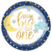 dream big little one plate features gold font on white plate with navy border and gold metallic star print 