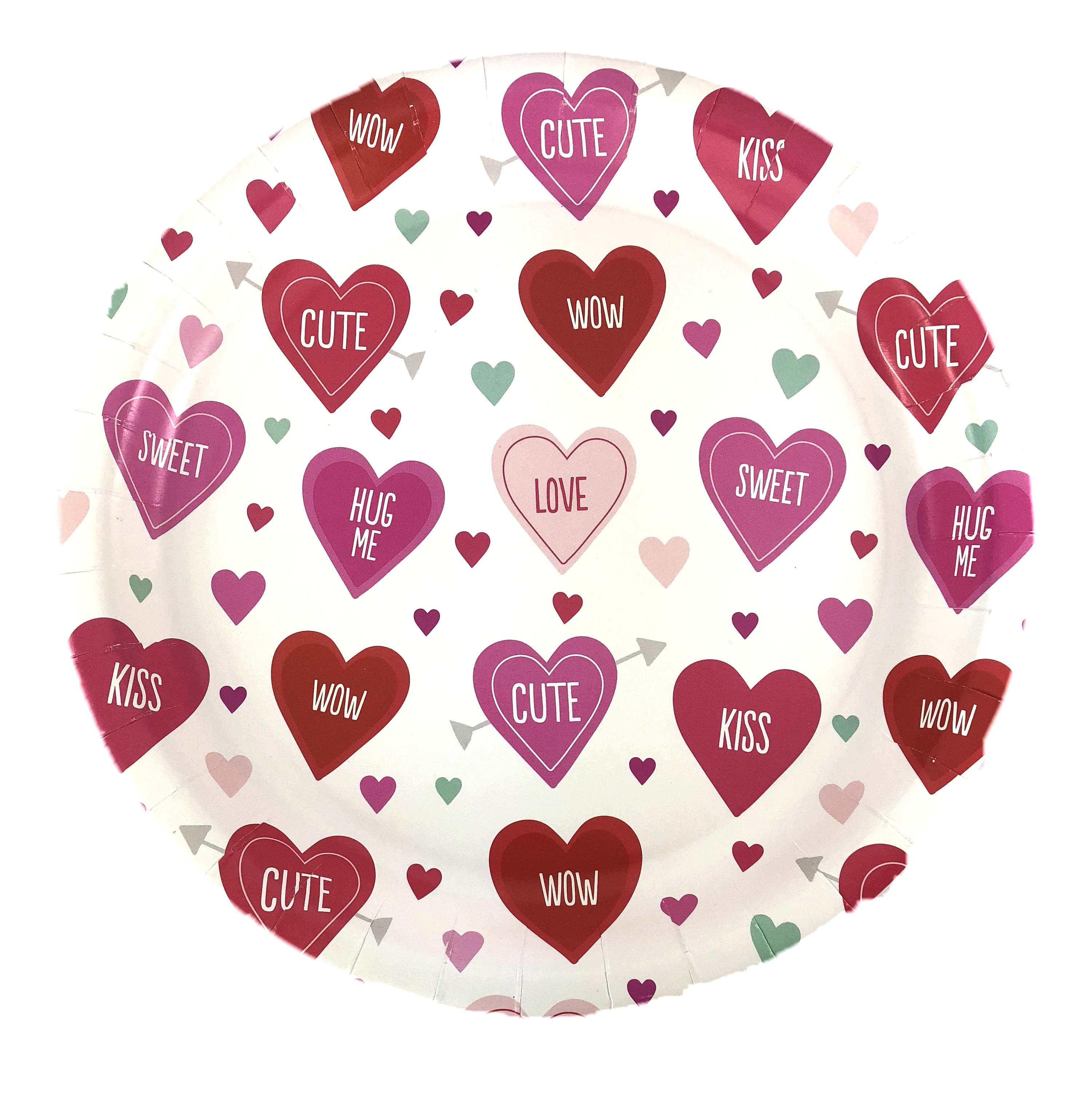 white plate with valentine's day heart featuring sweet, wow, love, hug me, cute